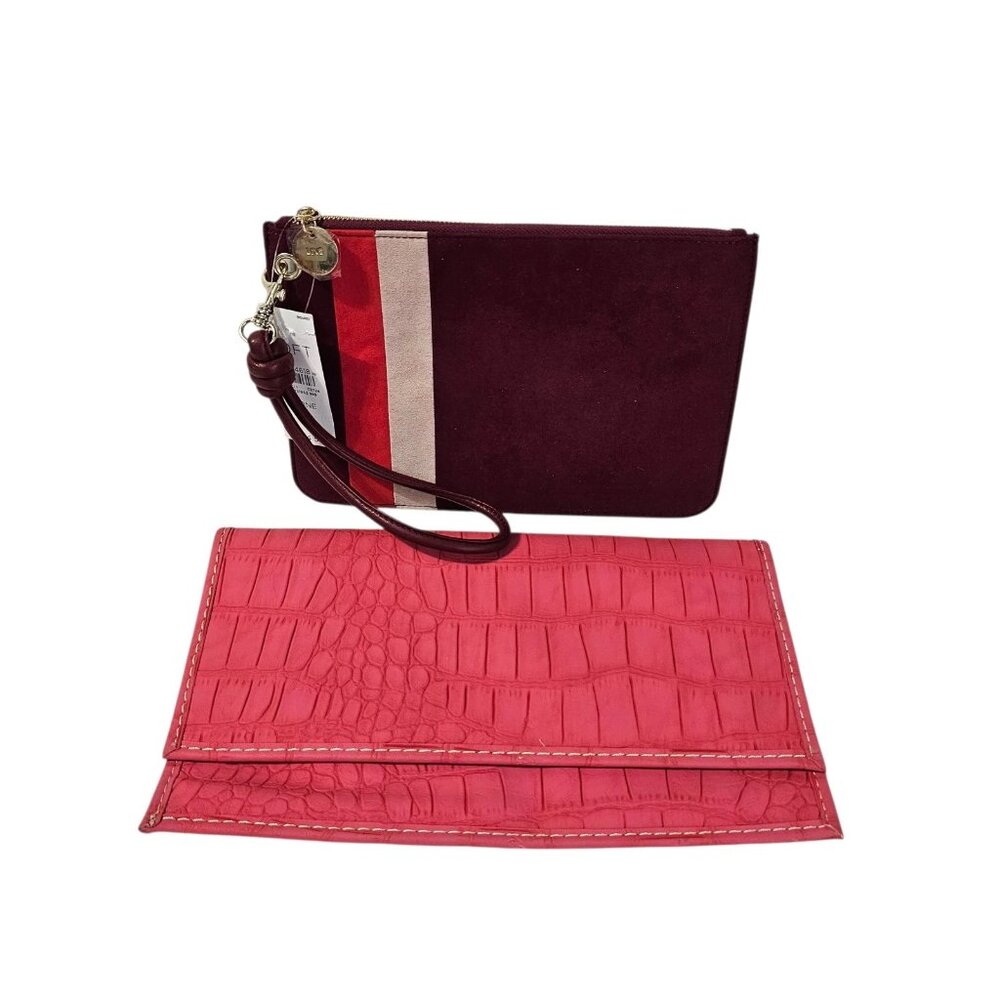 Bundle LOFT Clutch Wristlet Coral Faux Leather Solid Maroon Faux Suede Striped